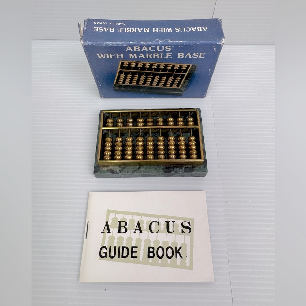 Vintage Small Abacus Brass with Green Marble Base Chinese Desktop 9 Rows